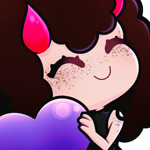 a drawing of a white woman with curly brown hair and bright pink devil horns hugging a lavender heart.