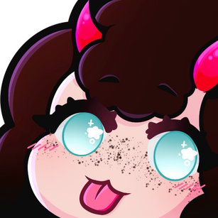 a white woman with curly brown hair, bright pink devil horns, and large round purple-lensed glasses. she's wearing a lavender shirt with a black collar. the background is a pretty cornflower blue.