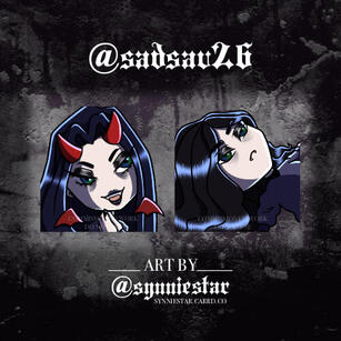 an emote showcase for sadsav26. it displays two small illustrations of the same vampire, a pale woman with long, dark, center-parted hair, deep purple eyebags, heavy-lidded blue-green eyes, and dark lipstick. the first illustration shows the girl with her