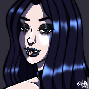 digital drawing of a very pale woman with heavy-lidded eyes, an upturned nose, full lips, and long, center-parted dark hair. she has her tongue stuck out a bit and is biting her it lightly, revealing that her canine teeth are much too sharp to be a human's