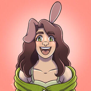 digital drawing of a white woman with shoulder-length wavy brown-maroon hair and dusty pink bunny ears. she has large, expressive green eyes, a septum piercing, and a happy open mouth. she is wearing a light green tank top and an off-shoulder darker green