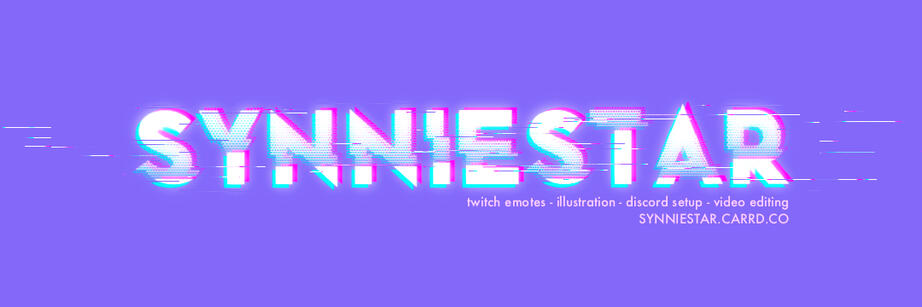 banner image. "synniestar" in a white, glitched sans-serif font dominates the screen; below that is "twitch emotes, illustration, discord setup, video editing: synniestar.carrd.co", centered to the right of the main text. the background is cornflower blue.
