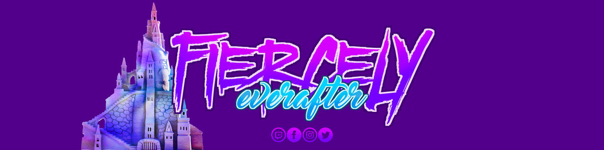 banner image. "fiercely" in a gradient pink to purple graffiti font with "ever after" in a gradient cyan to dark cyan script font under it. next to the text on the left is a watercolour castle in pinks, blues, and purples; at the bottom of the image are th